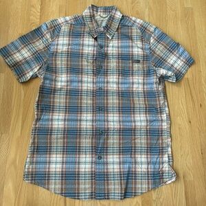Eddie Bauer outdoorsy blue and brown plaid short sleeved button up shirt.